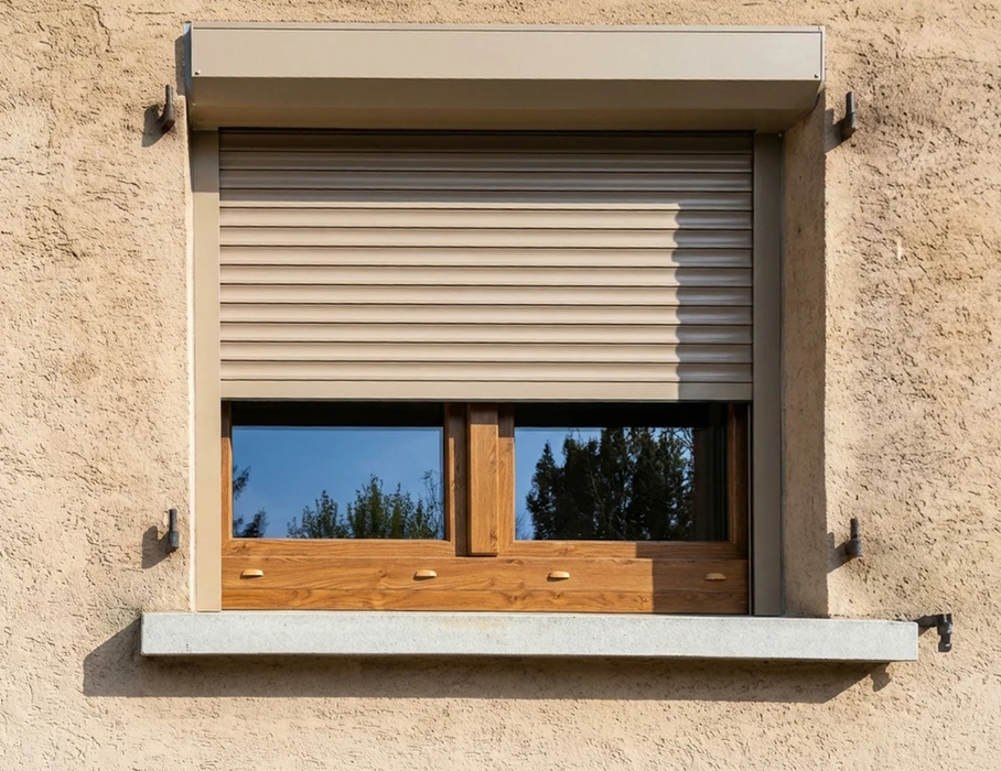 Façade extérieure en enduit beige avec fenêtre équipée d'un volet roulant aluminium couleur sable, partiellement descendu