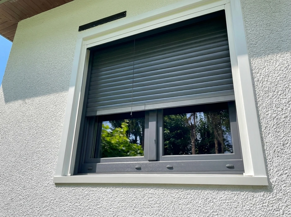 Façade extérieure d'une maison avec volet roulant à demi-fermé