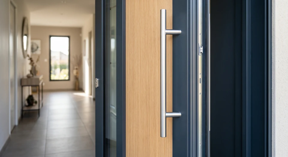 Gros plan d'une porte d'entrée moderne de qualité, élégante, avec poignée chromée, encadrement bois ou aluminium visible, légèrement ouverte, montrant la profondeur et la solidité de la menuiserie. La porte est photographiée de face, bien éclairée naturellement, permettant de distinguer les détails de finition, la vitrerie de sécurité et l'isolation. Arrière-plan flou montrant légèrement l'intérieur d'un hallway ou entrée de maison moderne et confortable.