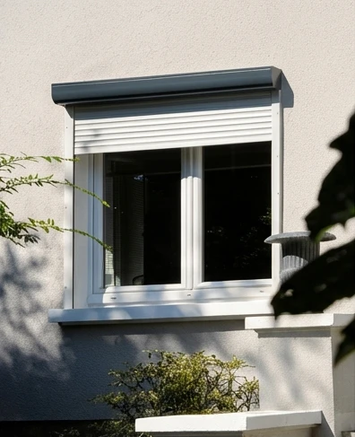 Façade extérieure d'un bâtiment résidentiel avec une fenêtre PVC blanche à deux vantaux
