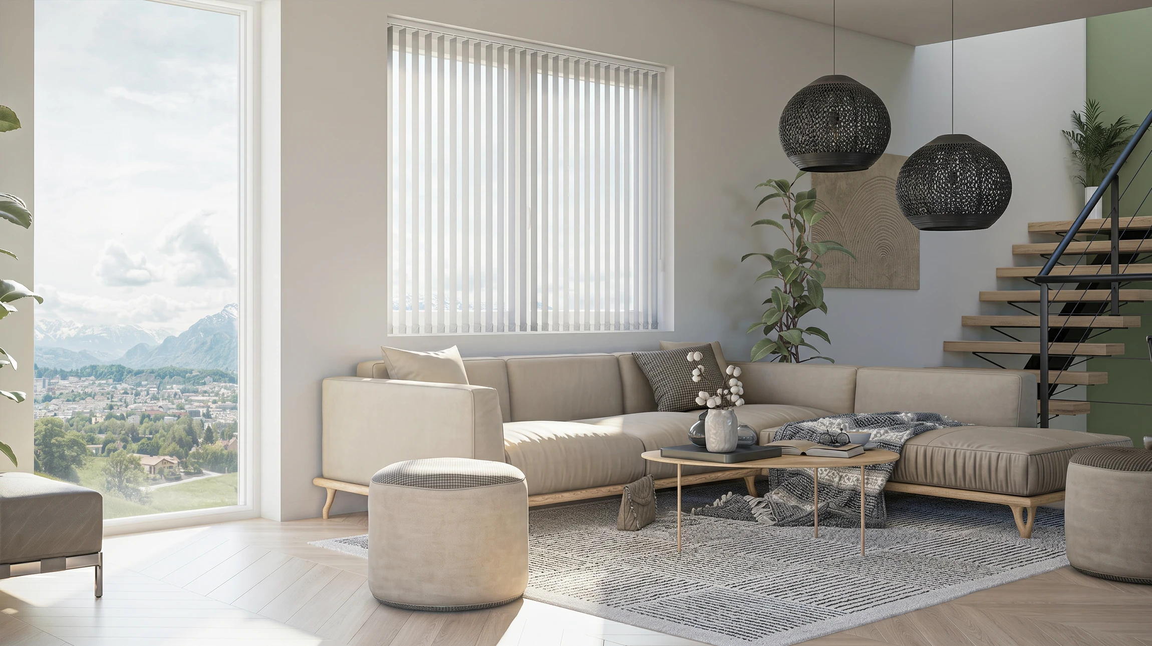 Intérieur moderne vide avec grande baie vitrée coulissante ouverte donnant sur terrasse