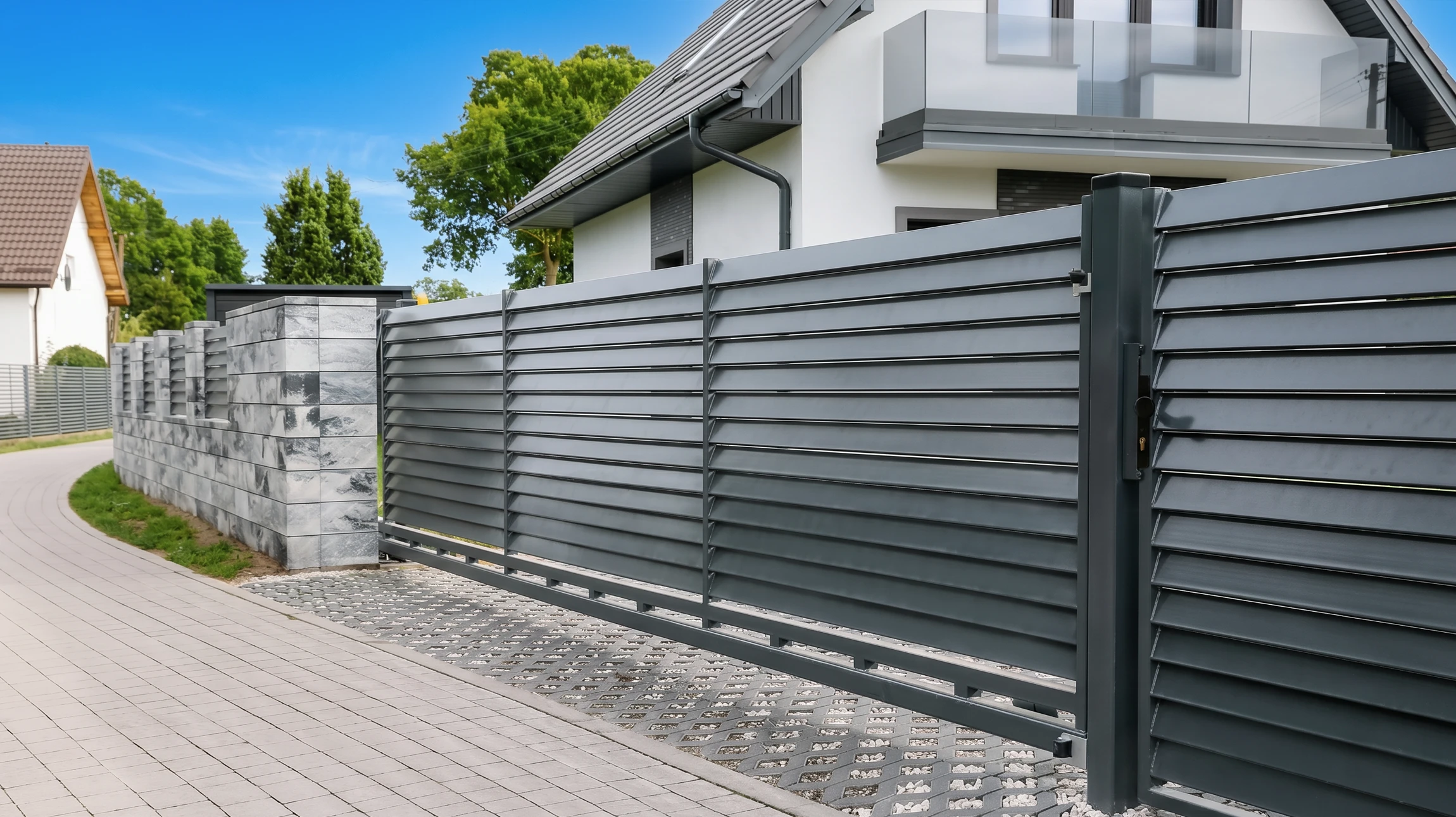 Façade de maison contemporaine avec portail coulissant et portillon en aluminium anthracite à lames horizontales