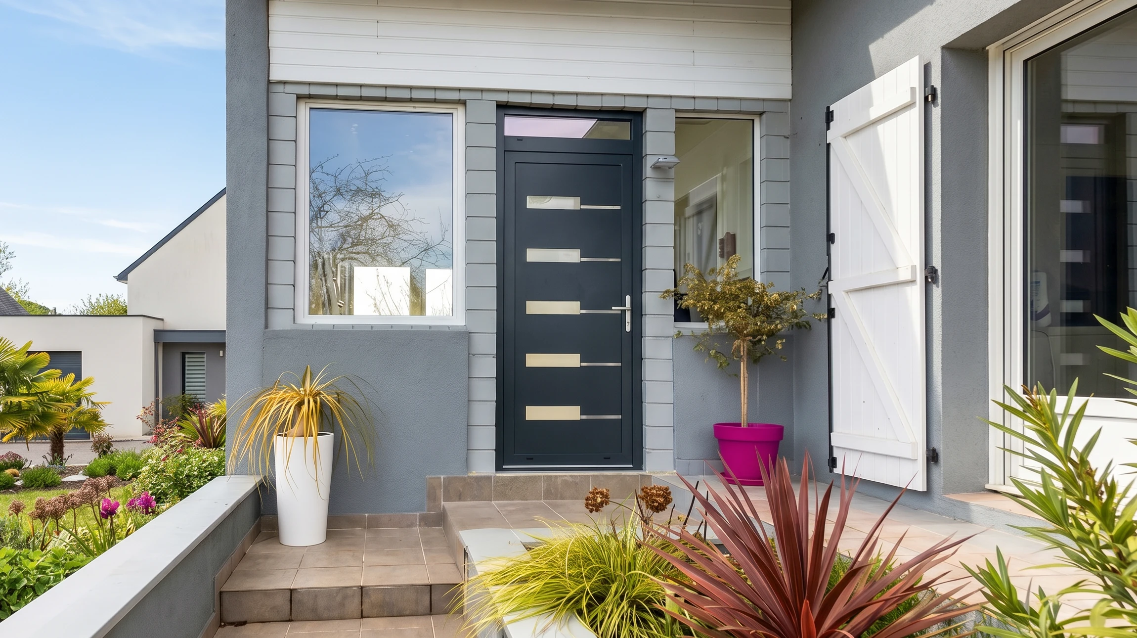 Façade moderne blanche avec deux entrées : une porte d'entrée piétonne et un portail de garage sectionnels assortis, finition anthracite