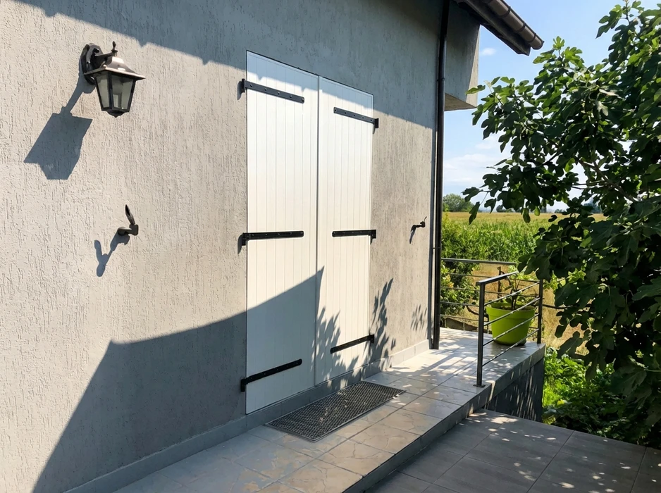 Façade extérieure d'une maison avec double porte-fenêtre en aluminium anthracite à deux vantaux vitrés pleine hauteur