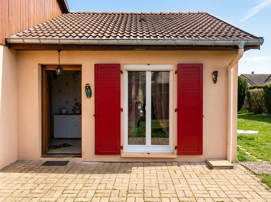 Façade extérieure d'une maison avec double porte-fenêtre en aluminium anthracite à deux vantaux vitrés pleine hauteur