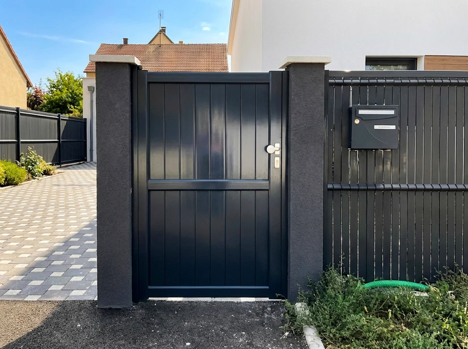 Façade extérieure d'une maison avec double porte-fenêtre en aluminium anthracite à deux vantaux vitrés pleine hauteur