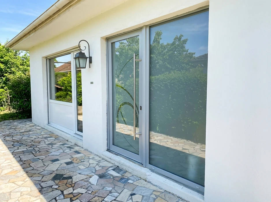 Entrée de maison moderne avec auvent vitré sur structure aluminium anthracite
