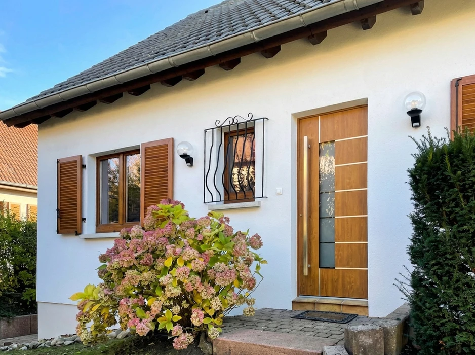Façade moderne d'une maison contemporaine, entrée principale avec porte design noire à vitrage incurvé semi-circulaire