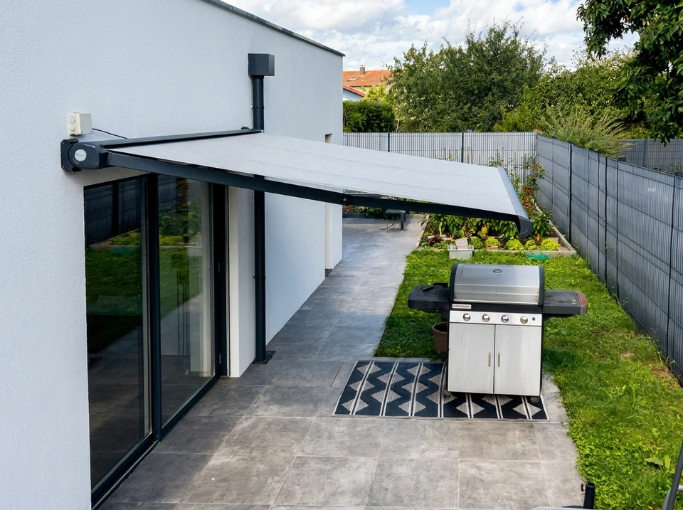 Terrasse extérieure équipée de stores enrouleurs pare-soleil gris semi-transparents suspendus à une structure métallique